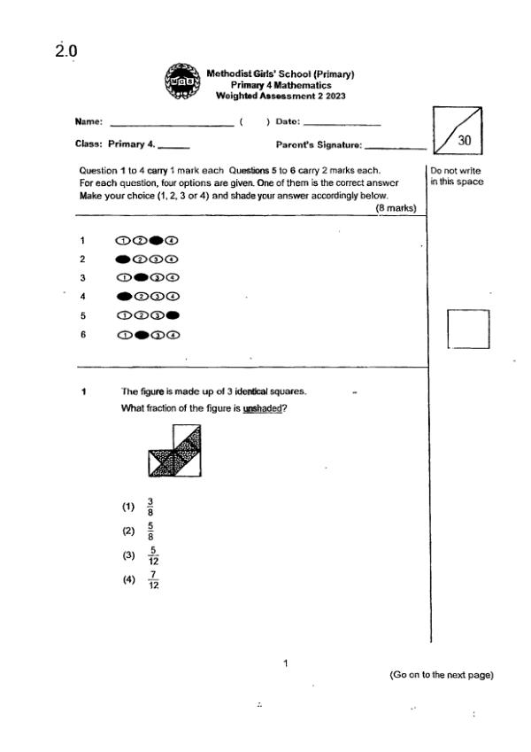 First page preview of P4 Math 2023 WA3 — Methodist Girls
