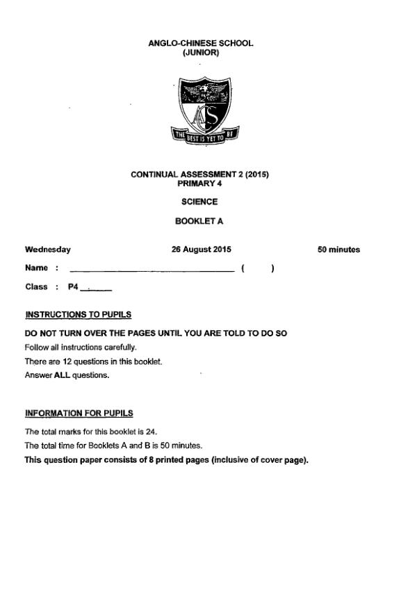 Anglo Chinese P4 Sci WA3 2015 exam paper PDF preview