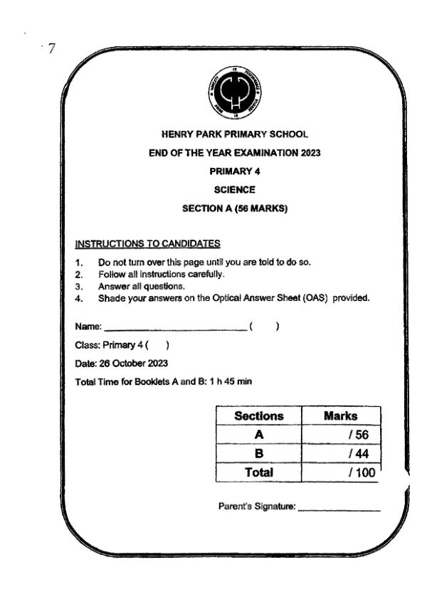 Henry Park P4 Sci SA2 2023 exam paper PDF preview