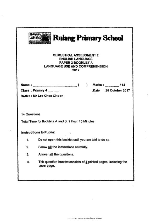 Rulang P4 Eng SA2 2017 exam paper PDF preview