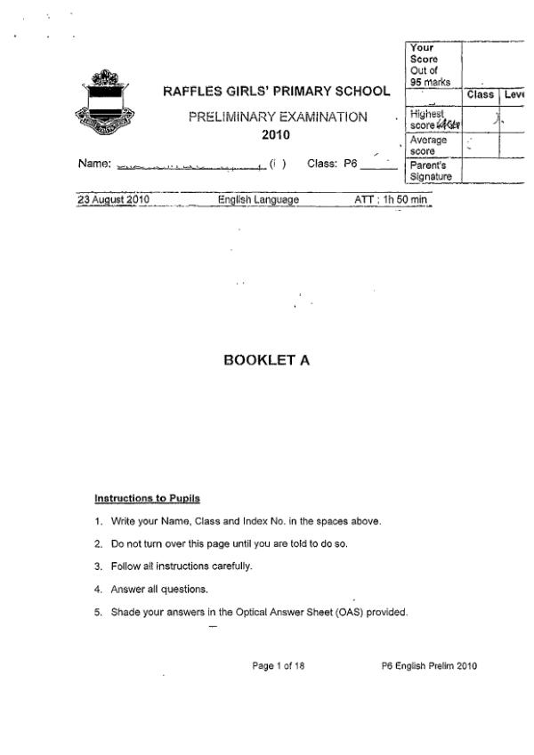 Raffles Girls P6 Eng SA2 2010 exam paper PDF preview