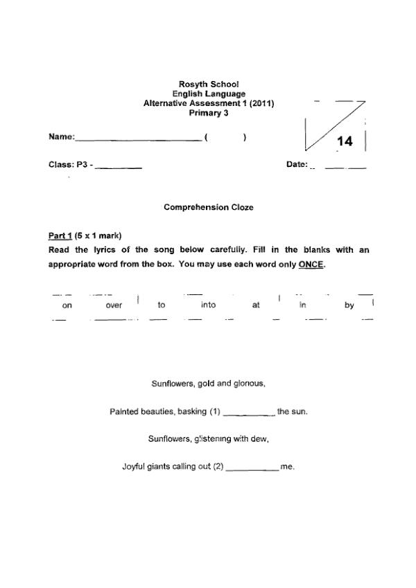 Rosyth P3 Eng WA1 2011 exam paper PDF preview