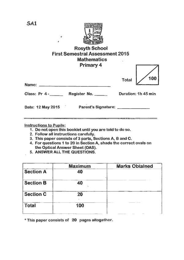 First page preview of P4 Math 2015 WA2 — Rosyth