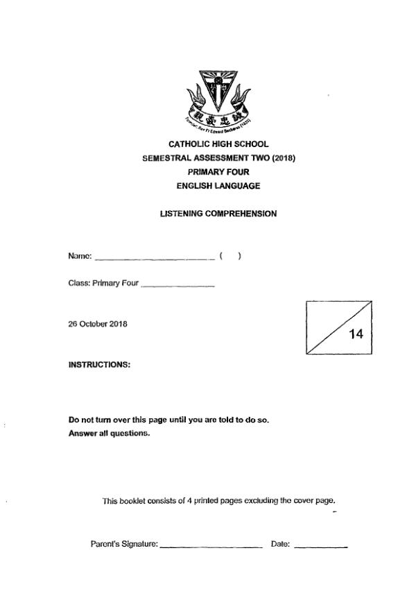 Catholic High P4 Eng SA2 2018 exam paper PDF first page preview