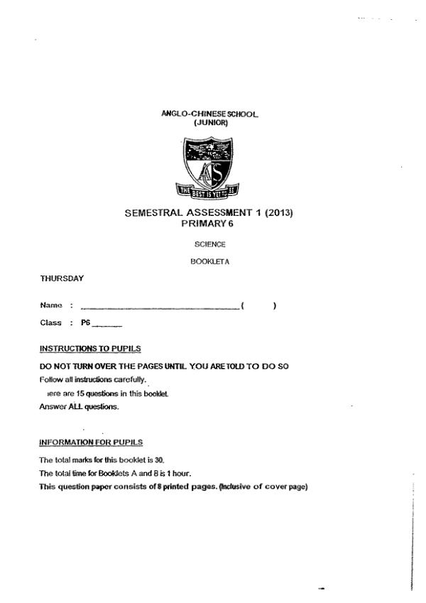 Anglo Chinese P6 Sci WA2 2013 exam paper PDF preview