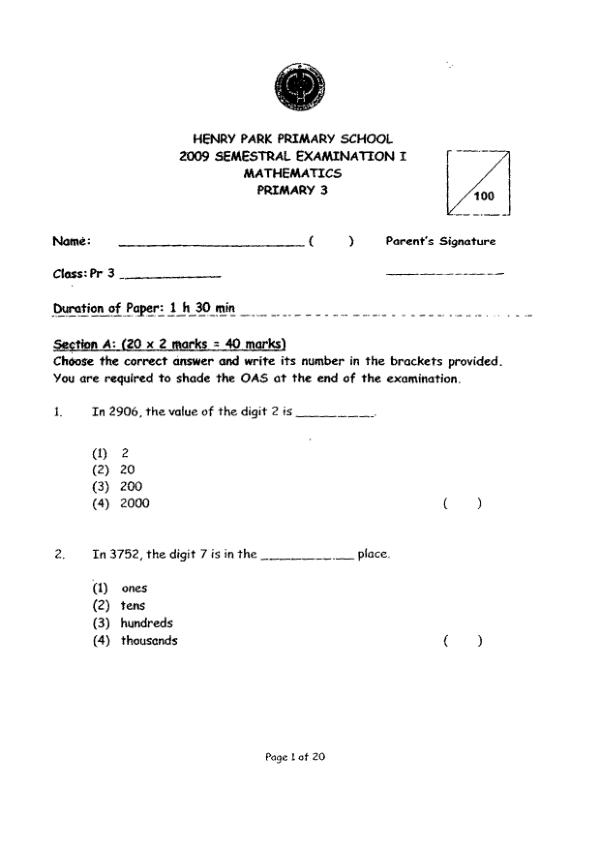 Henry Park P3 Math WA2 2009 exam paper PDF first page preview