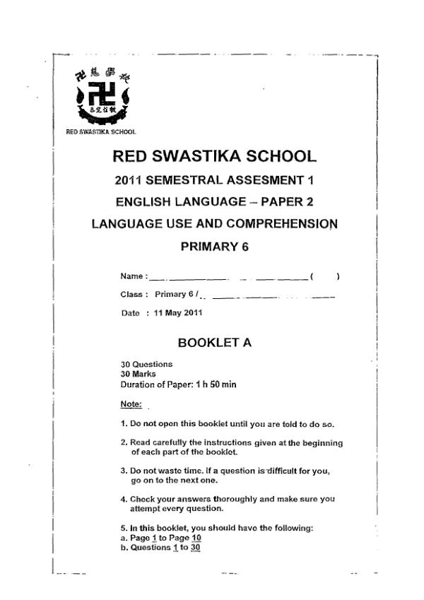 Red Swastika P6 Eng WA2 2011 exam paper PDF first page preview