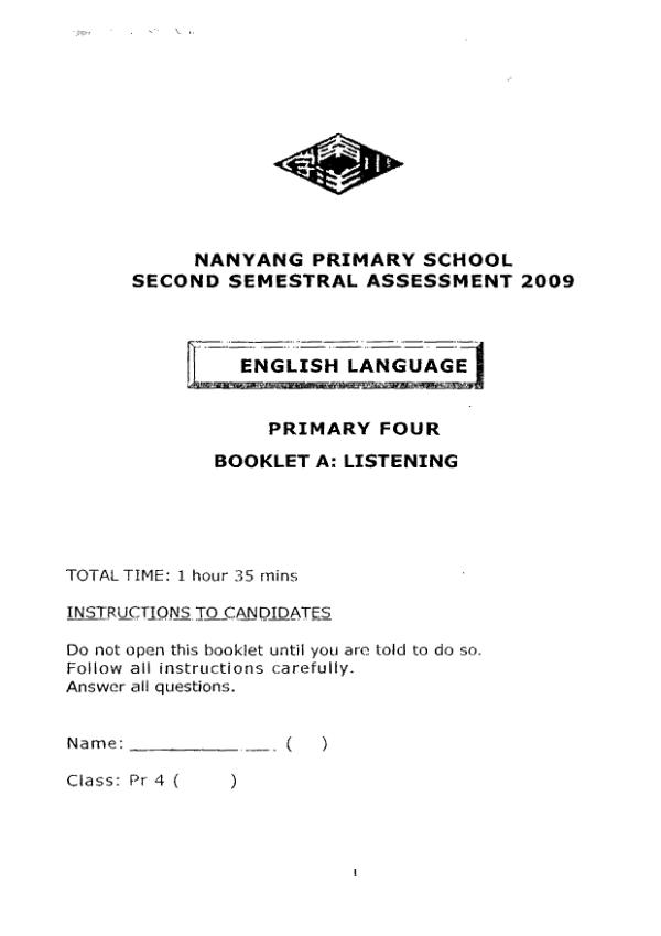 Nanyang P4 Eng SA2 2009 exam paper PDF first page preview
