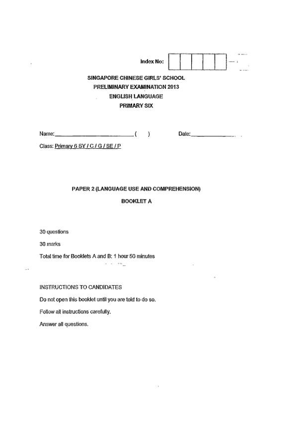 Singapore Chinese Girls P6 Eng SA2 2013 exam paper PDF preview