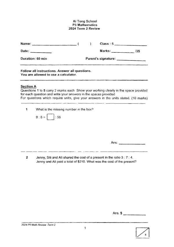 First page preview of P5 Math 2024 WA2 — Ai Tong
