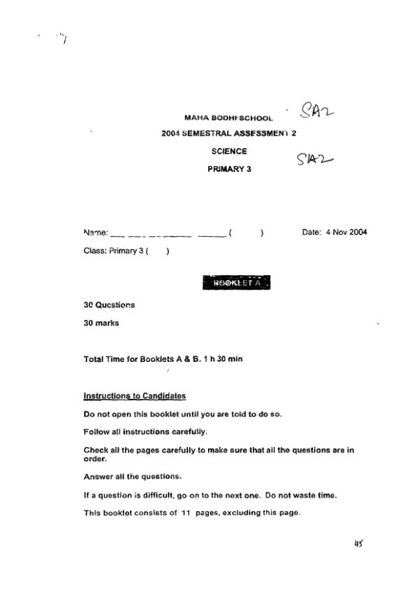 Maha Bodhi P3 Sci SA2 2004 exam paper PDF preview