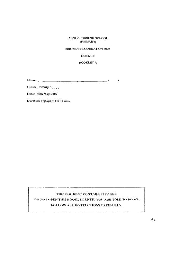 Anglo Chinese P5 Sci WA2 2007 exam paper PDF first page preview