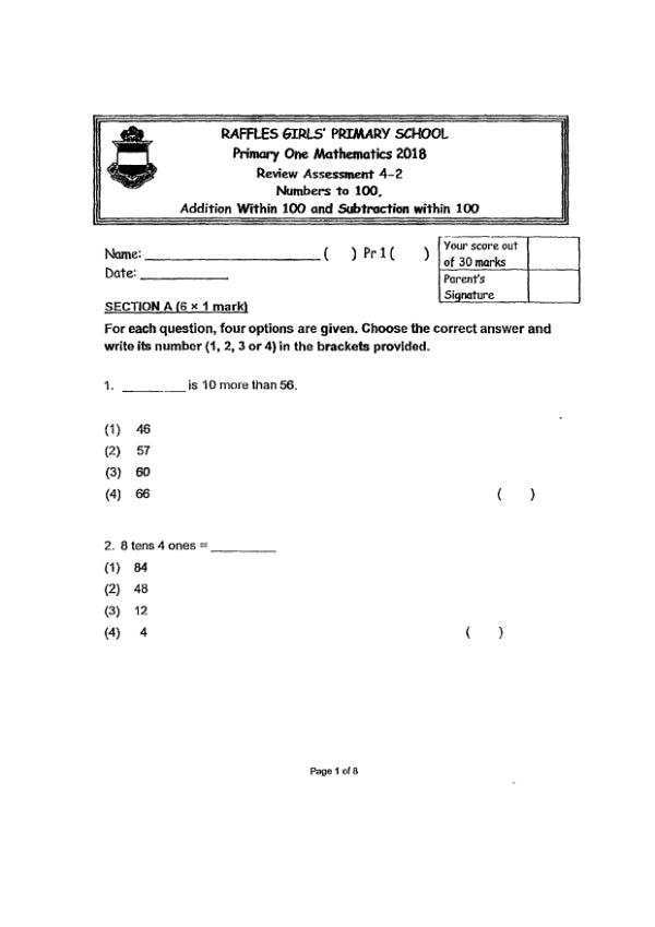First page preview of P1 Math 2018 SA2 — Raffles Girls