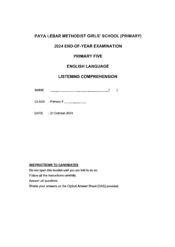 First page preview of P5 Eng 2024 SA2 — Methodist Girls