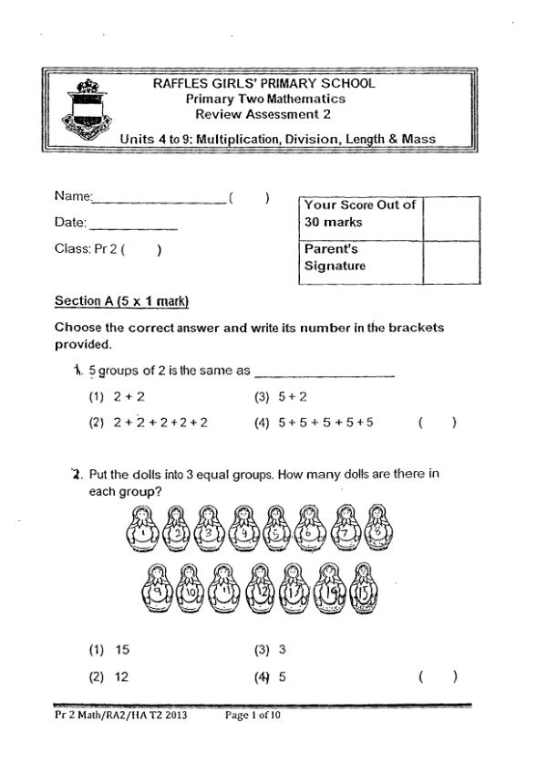 Raffles Girls P2 Math WA3 2013 exam paper PDF preview