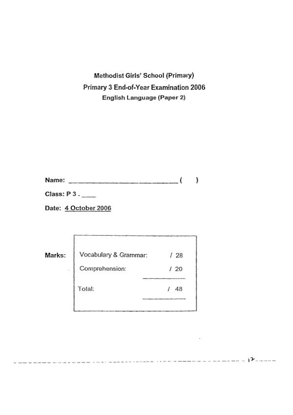 Methodist Girls P3 Eng SA2 2006 exam paper PDF first page preview