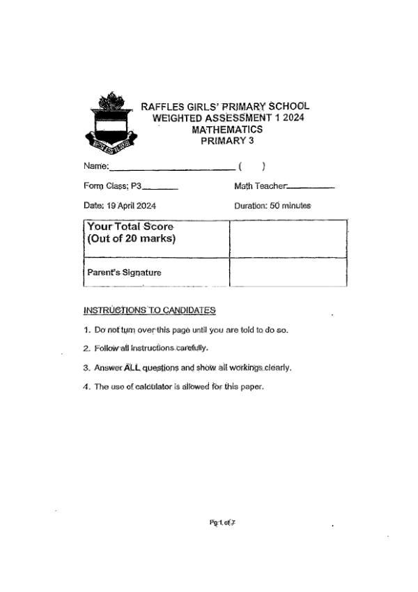 First page preview of P3 Math 2024 WA1 — Raffles Girls