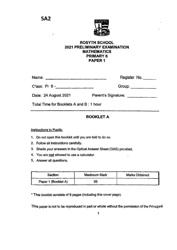First page preview of P6 Math 2021 SA2 — Rosyth