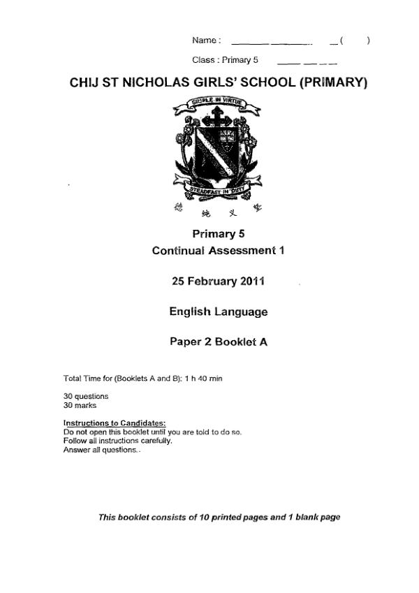CHIJ P5 Eng WA1 2011 exam paper PDF first page preview