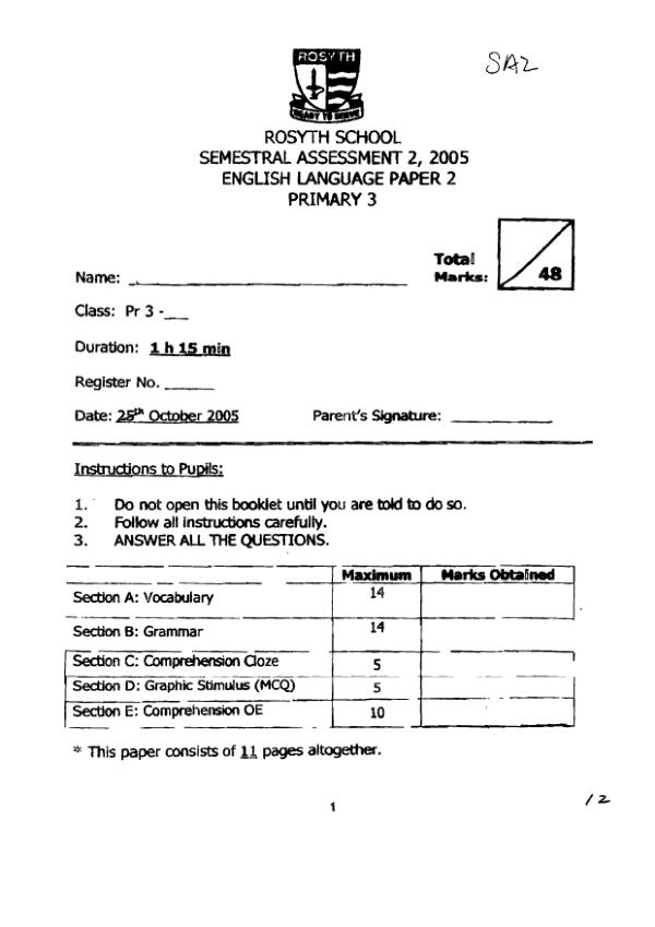 Rosyth P3 Eng SA2 2005 exam paper PDF preview