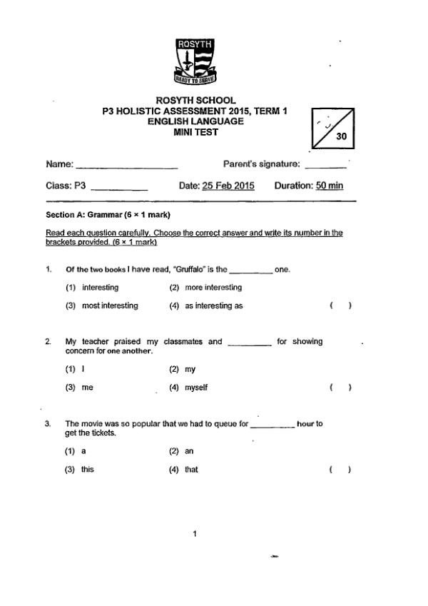 Rosyth P3 Eng WA1 2015 exam paper PDF preview