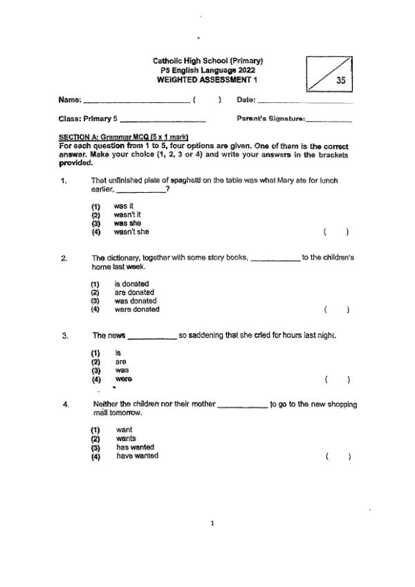 Catholic High P5 Eng WA1 2022 exam paper PDF first page preview