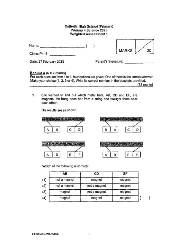First page preview of P4 Sci 2025 WA1 — Catholic High