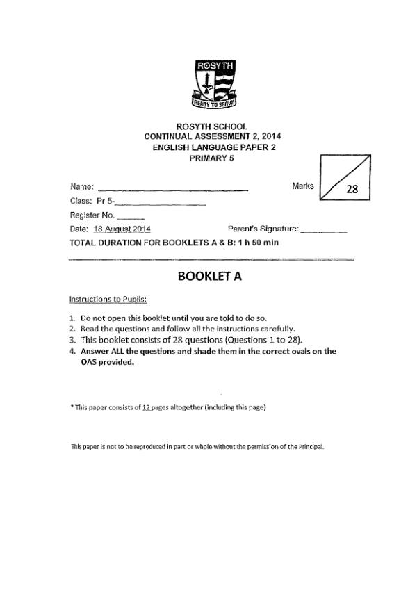 Rosyth P5 Eng WA3 2014 exam paper PDF preview