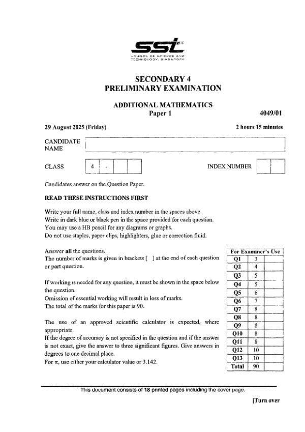 School of Science and Technology Sec4 A_Maths Prelim 2025 exam paper PDF preview