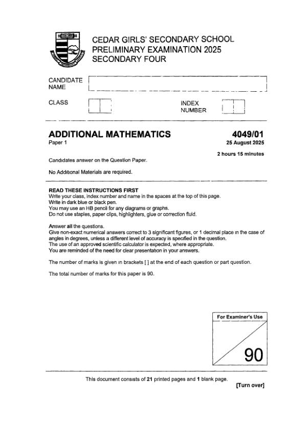 Cedar Girls Sec4 A_Maths Prelim 2025 exam paper PDF preview