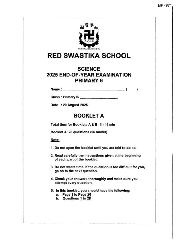 Red Swastika P6 Sci SA2 2025 exam paper PDF preview