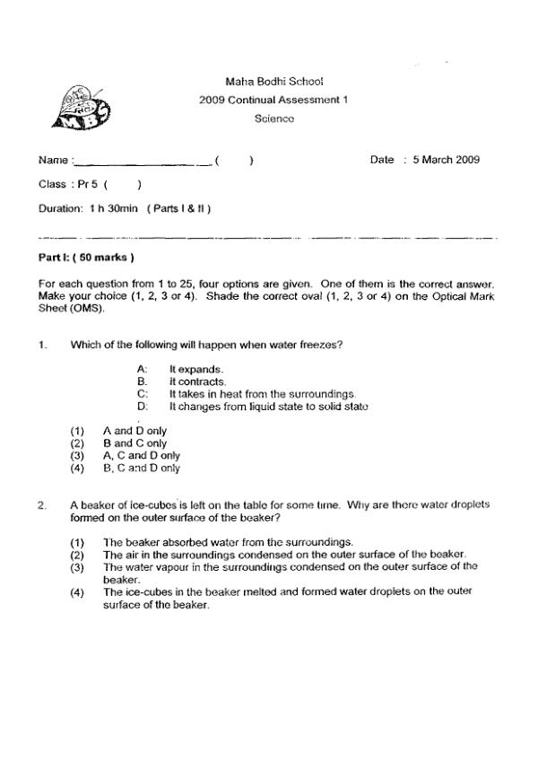 Maha Bodhi P5 Sci WA1 2009 exam paper PDF preview