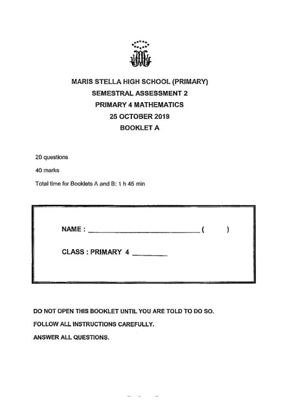 First page preview of P4 Math 2019 SA2 — Maris Stella High