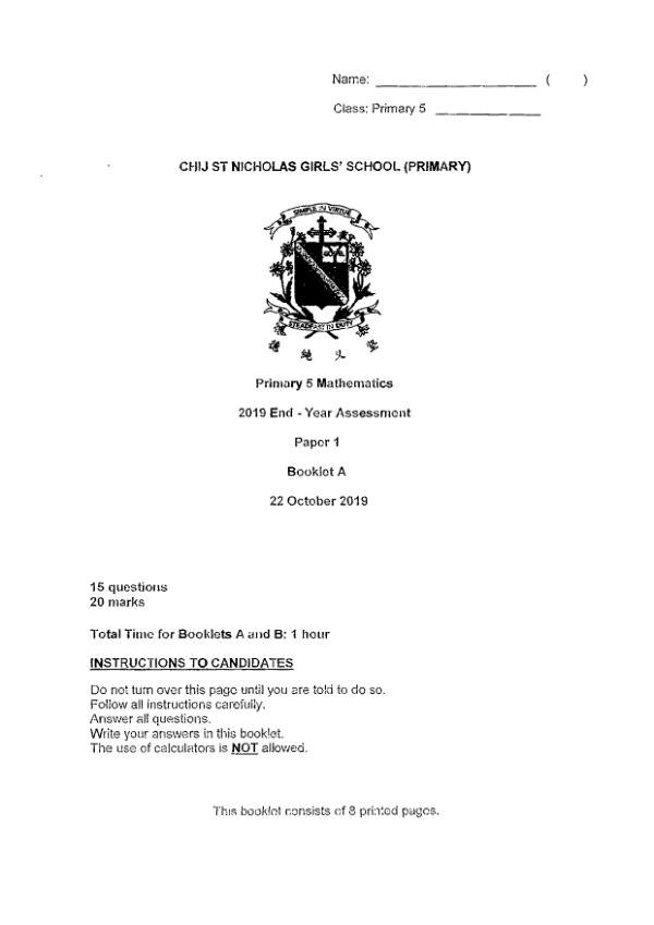 First page preview of P5 Math 2019 SA2 — CHIJ