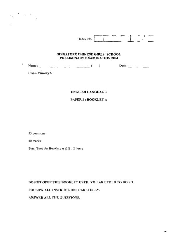 Singapore Chinese Girls P6 Eng SA2 2004 exam paper PDF first page preview