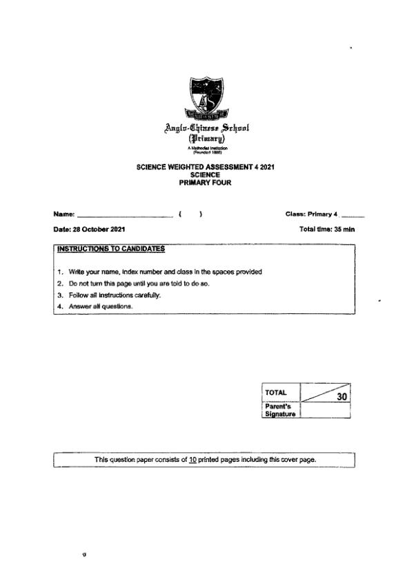 Anglo Chinese P4 Sci WA3 2021 exam paper PDF preview