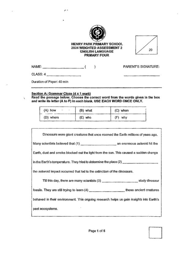 First page preview of P4 Eng 2024 WA2 — Henry Park