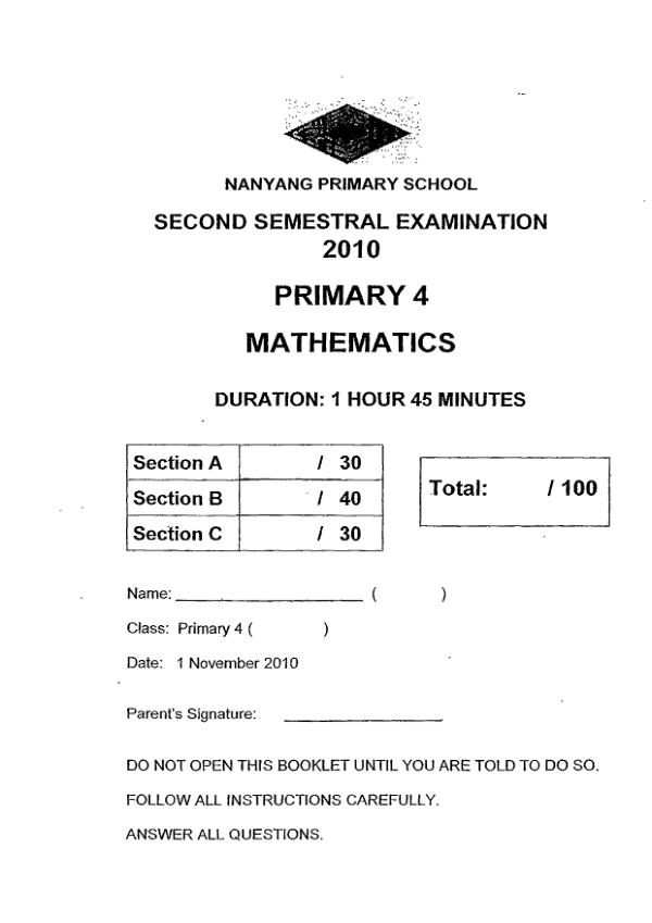 Nanyang P4 Math SA2 2010 exam paper PDF preview