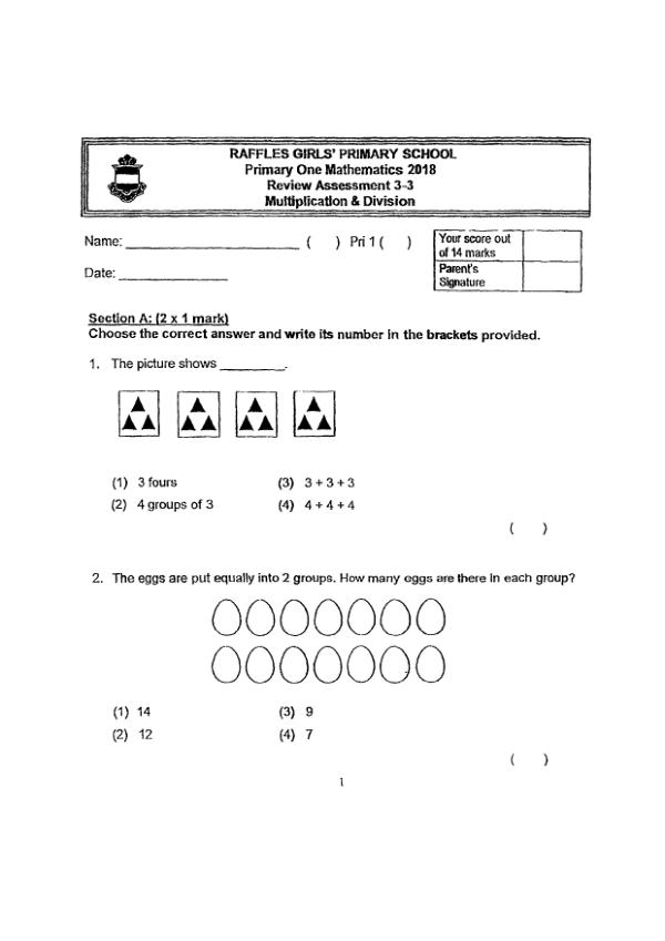 First page preview of P1 Math 2018 WA2 — Raffles Girls