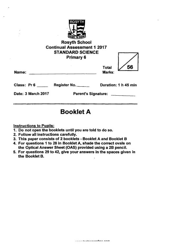 Rosyth P6 Sci WA1 2017 exam paper PDF preview