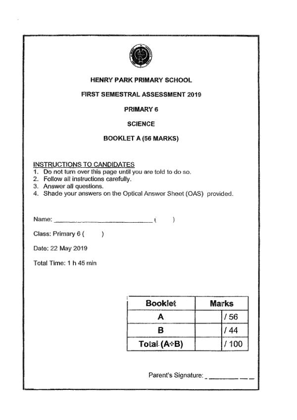 Henry Park P6 Sci WA2 2019 exam paper PDF first page preview
