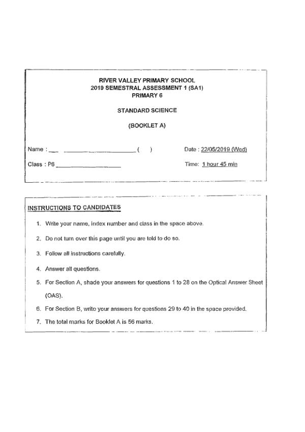 River Valley P6 Sci WA2 2019 exam paper PDF first page preview