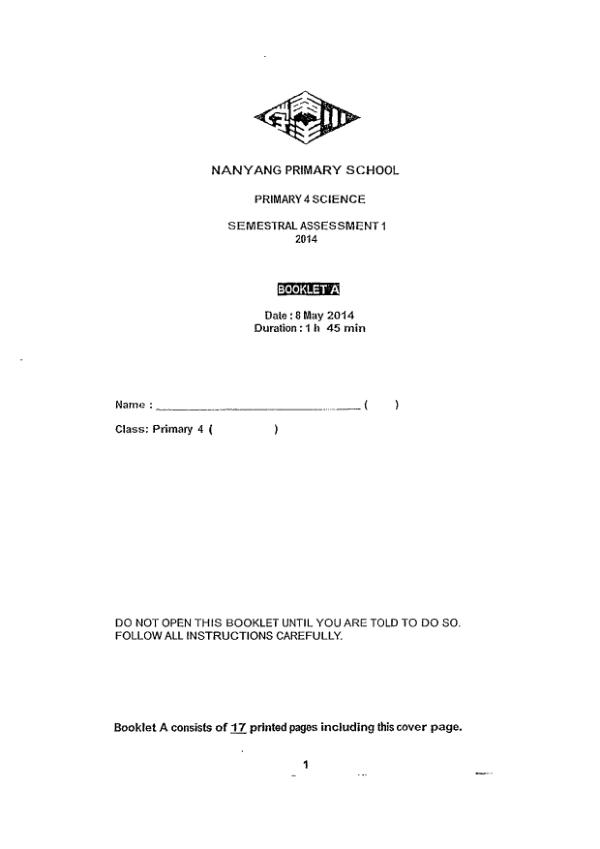 Nanyang P4 Sci WA2 2014 exam paper PDF first page preview