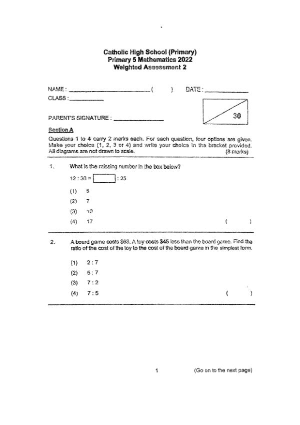 First page preview of P5 Math 2022 WA3 — Catholic High