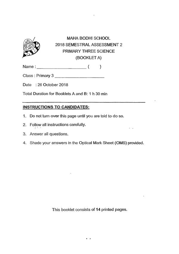 Maha Bodhi P3 Sci SA2 2018 exam paper PDF first page preview
