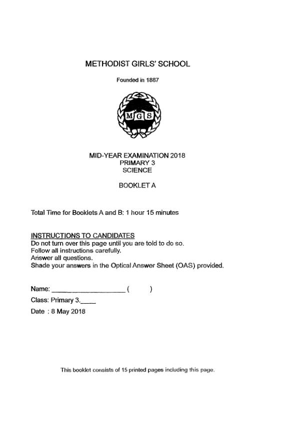 Methodist Girls P3 Sci WA2 2018 exam paper PDF first page preview