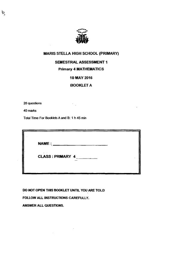 First page preview of P4 Math 2016 WA2 — Maris Stella High