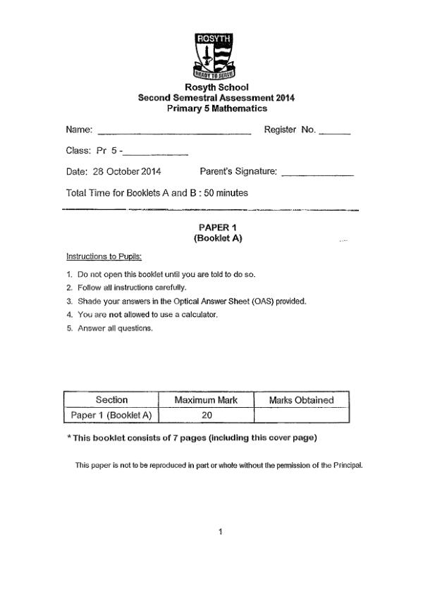 Rosyth P5 Math SA2 2014 exam paper PDF preview