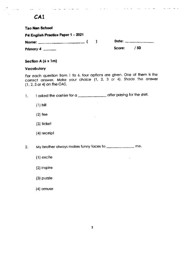 Tao Nan P4 Eng WA1 2021 exam paper PDF preview
