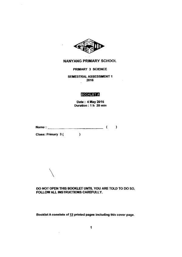 Nanyang P3 Sci WA2 2016 exam paper PDF first page preview